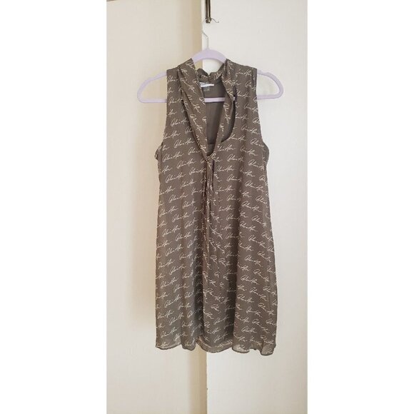 NEW CALVIN KLEIN MONOGRAM LOGO PRINT OLIVE  TAN FRONT BOW MINI DRESS SZ 14 - Picture 3 of 5